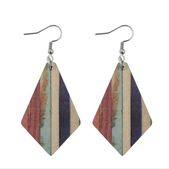 Bohemian diamond shape wood dangle earrings multicolor stripe - Picture 5 of 5